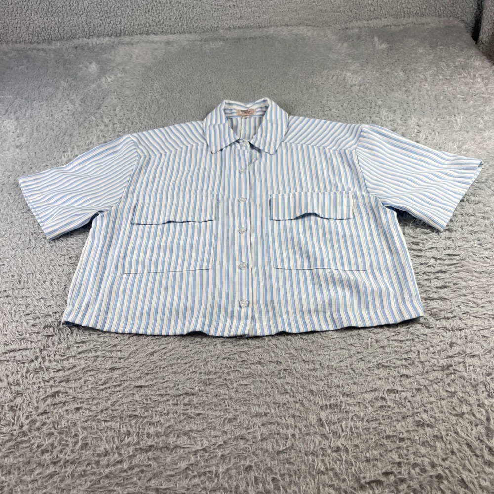 Dizzy Lizzy Mens Blue White Striped Short Sleeve Button Up Cropped Shirt Size M